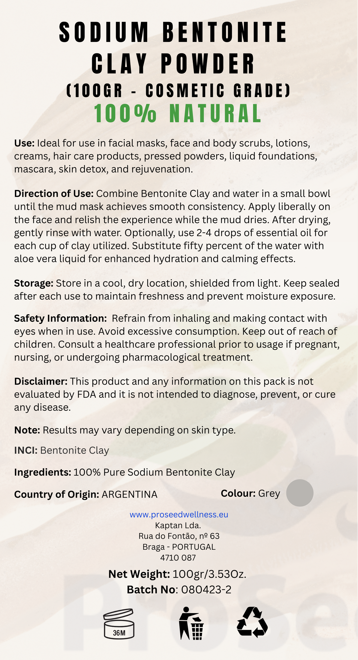 100% Natural Sodium Bentonite Clay Powder 100gr - Argentina